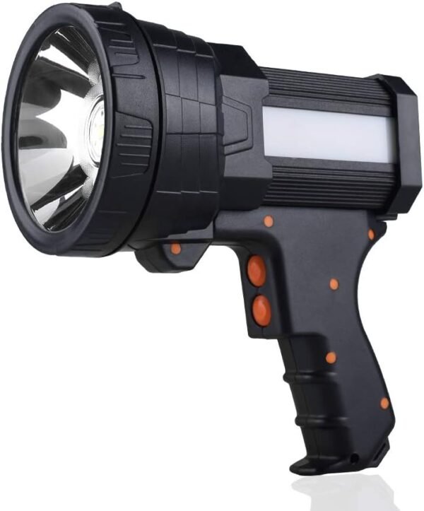 Rechargeable Spotlight, Super Bright High Lumen LED Flashlight Handheld Spotlight Long Lasting Large Flashlight Searchlight and Flood Camping Flashlight with Foldable Tripod Black