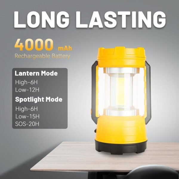 LED Camping Lantern Rechargeable, Bright 1000 Lumen, 5 Modes, 20H Long Lasting 4000 mAh , Rechargeable Lantern for Hurricane, Emergency, Power Outages, Home-Yellow