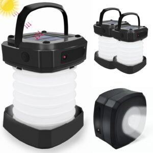 Solar Powered Lantern Flashlight,2-Pack Collapsible  Camping Lantern,Portable  Rechargeable Lamp for Power Outages,Emergencies,Hurricanes,Tent Lighting,Hiking,Backpacking Gear(Black)