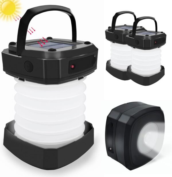 Solar Powered Lantern Flashlight,2-Pack Collapsible  Camping Lantern,Portable  Rechargeable Lamp for Power Outages,Emergencies,Hurricanes,Tent Lighting,Hiking,Backpacking Gear(Black)
