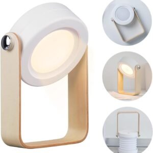 Bedroom Bedside Lamp, Camping Lighting Handheld Light, Night Light with Built-in Rechargeable Battery,  Retractable  Light, Wooden Handle Folding Lantern and Flashlight (White)