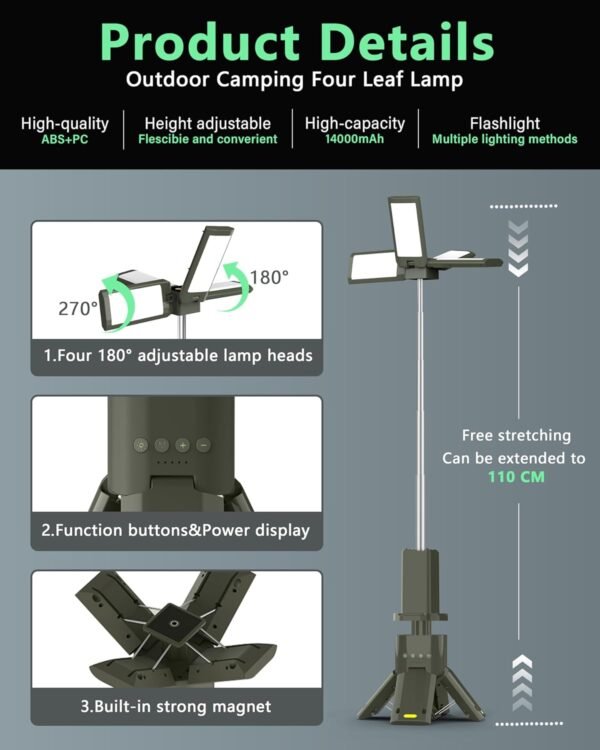 Portable Telescopic Camping Lights 14000 mAh Rechargeable LED Multifunction Magnetic Lanterns, IPX5 Waterproof Outdoor Flashlight with Four Led Lamps ＆ 3-Color Dimming for Emergency, Hiking, Camping