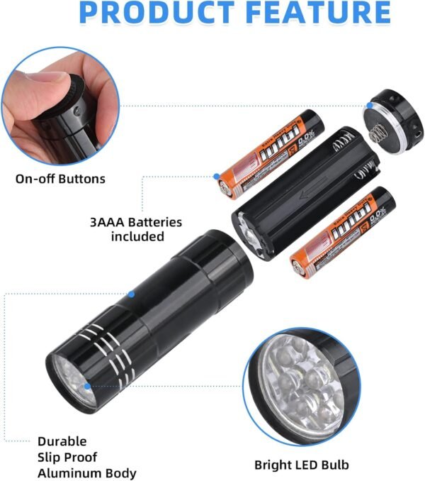 5 Pack of Flashlights 9 LED Mini Aluminum Flashlight Bulk with Lanyard 15 AAA Batteries Included Assorted Colors Handheld Flashlights for Hurricane Supplies Camping, Night Reading, Cycling