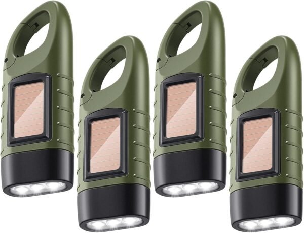 4 Pieces Hand Crank Solar Powered Flashlight  Rechargeable Flashlight Survival Emergency Hand Crank Lantern Snap Carabiner Torch for Outdoor Sports Camping Hiking
