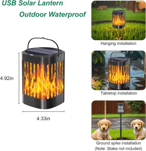 Solar Lanterns Solar Powered and  Charging Flickering Flames Solar Lights Outdoor Hanging Lanterns Waterproof Landscape Decoration Lighting Dusk to Dawn Auto On/Off for Halloween(1 Pack)