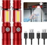 Flashlight USB Rechargeable, Magnetic LED Flashlight, Super Bright LED Tactical Flashlight with Cob Sidelight, Waterproof, Zoomable Best Small LED Flashlight for Camping, Emergency -Red