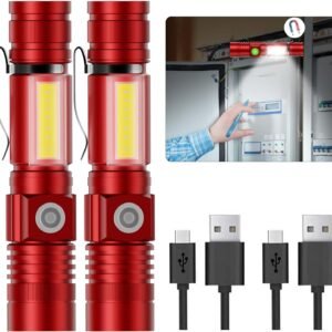 Flashlight USB Rechargeable, Magnetic LED Flashlight, Super Bright LED Tactical Flashlight with Cob Sidelight, Waterproof, Zoomable Best Small LED Flashlight for Camping, Emergency -Red