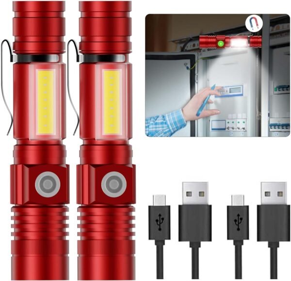 Flashlight USB Rechargeable, Magnetic LED Flashlight, Super Bright LED Tactical Flashlight with Cob Sidelight, Waterproof, Zoomable Best Small LED Flashlight for Camping, Emergency -Red