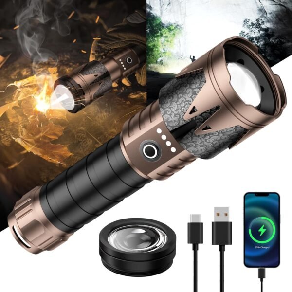 LED Flashlights High Lumens with Ignition Lens,Super Bright Tactical Flashlights,Zoomable,Five Modes,Waterproof Flash Light for Camping Essentials,Outdoor,Home Emergency-Upgraded
