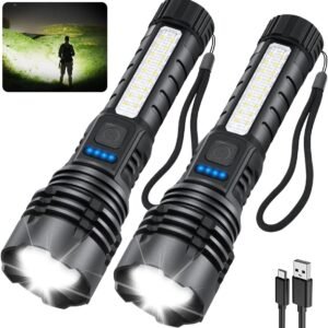 Rechargeable Flashlights High Lumens, 7Mode Flashlights Rechargeable, Super Bright Flashlight, Adjustable Tactical Flash Light, High Powered Flash Light, LED Flashlight for Emergency Home 2Pack