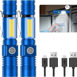 Flashlight USB Rechargeable, Magnetic LED Flashlight, Super Bright LED Tactical Flashlight with Cob Sidelight, Waterproof, Zoomable Best Small LED Flashlight for Camping, Emergency - Blue