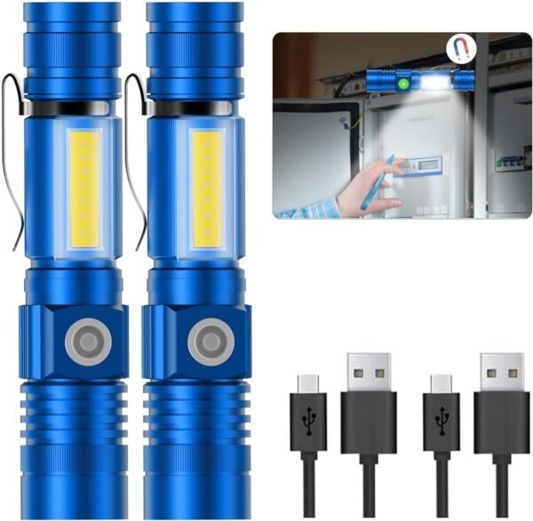 Flashlight USB Rechargeable, Magnetic LED Flashlight, Super Bright LED Tactical Flashlight with Cob Sidelight, Waterproof, Zoomable Best Small LED Flashlight for Camping, Emergency - Blue