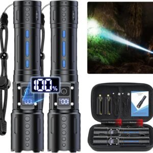 Flashlights High Lumens Rechargeable - Super Bright Tactical LED Flash Light, Dimmable&Memory Function Powerful Waterproof Flashlight for Camping,6 Modes,Zoomable,LCD Display (2, Black)