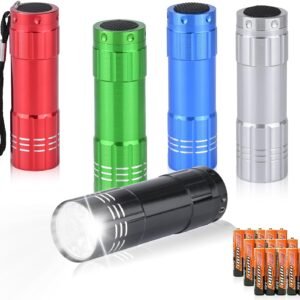 5 Pack of Flashlights 9 LED Mini Aluminum Flashlight Bulk with Lanyard 15 AAA Batteries Included Assorted Colors Handheld Flashlights for Hurricane Supplies Camping, Night Reading, Cycling