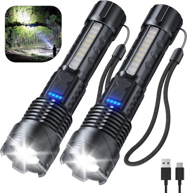 Flashlight High Lumens Rechargeable 2 Pack, 990000 Lumen Super Bright Led Flashlights with 7 Light Modes, IPX6 Waterproof, Powerful Handheld Flash Light for Camping Home Emergencies