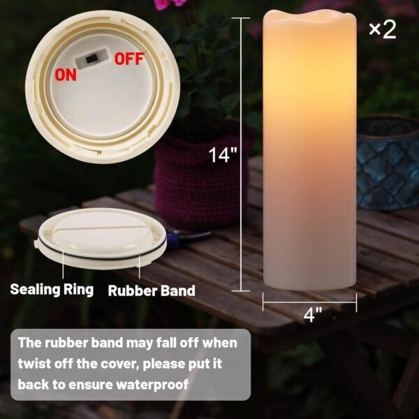 Large Solar Flameless Flickering Candles Outdoor Waterproof, Solar Powered Dusk to Dawn White Plastic  Pillar Candles Garden Camping Lanterns Wedding Indoor Decor (2Pcs,4" D×14" H)