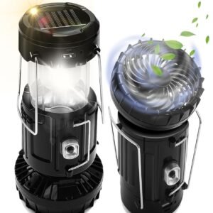 Solar Powered Camping Fan w/ Lantern,  Collapsible Solar Powered  Rechargeable & Battery Powered Emergency Hanging Lights for Camping Tent Hurricanes Power Outages Storm Indoor Outdoor 2-Pack