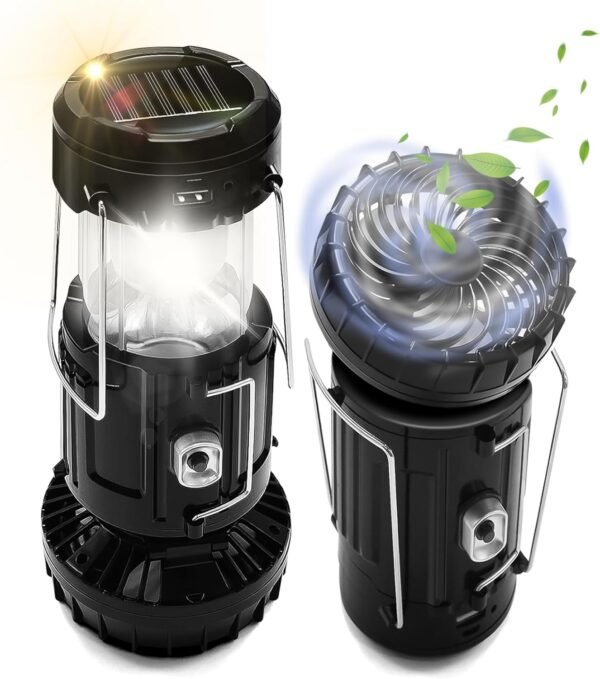 Solar Powered Camping Fan w/ Lantern,  Collapsible Solar Powered  Rechargeable & Battery Powered Emergency Hanging Lights for Camping Tent Hurricanes Power Outages Storm Indoor Outdoor 2-Pack