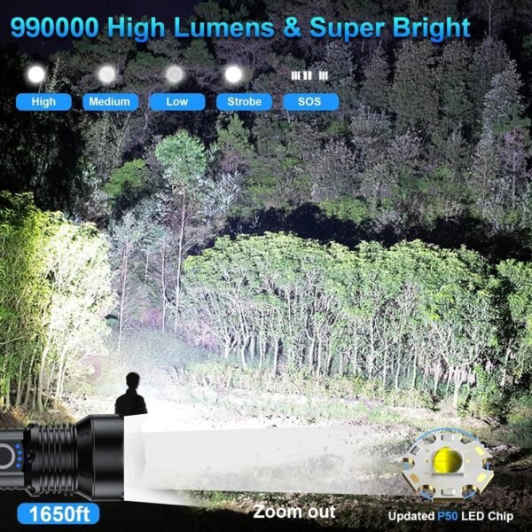 Rechargeable Flashlights 990000 High Lumens - 2 Pack, Super Bright 12 Hours Long Life LED Flashlight with 5 Modes, High Powered Flash Light for Home, Outdoor (Black)
